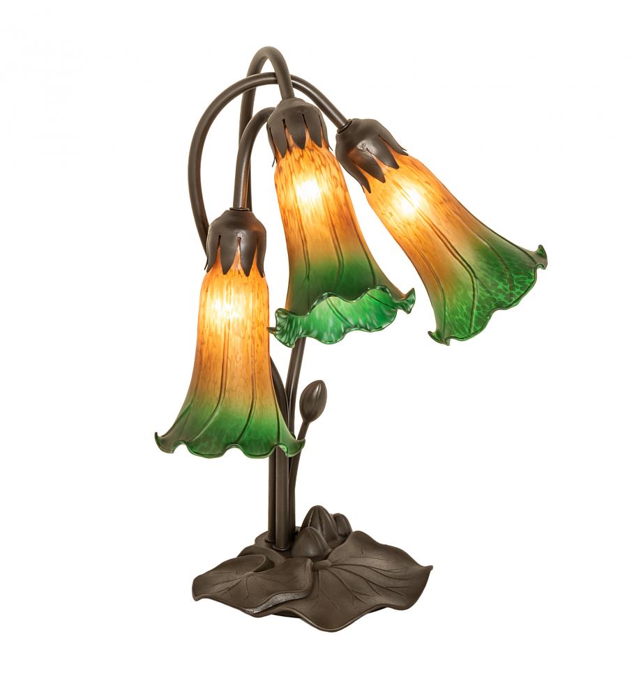 16" High Amber/Green Tiffany Pond Lily 3 Light Accent Lamp