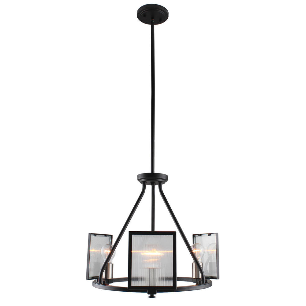 3x60W Chandelier w Black & Brushed Nickel Finish w/ Reeded Glass