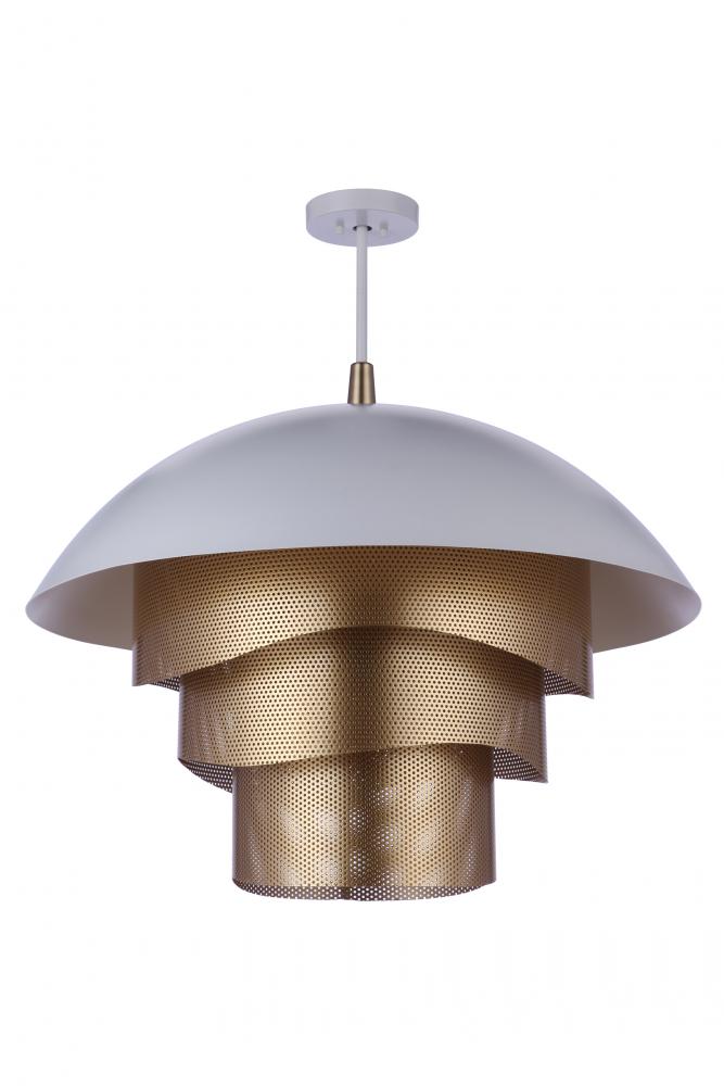 31.25” Sculptural Statement Dome Pendant with Perforated Metal Shades in Matte White/Matte Gold