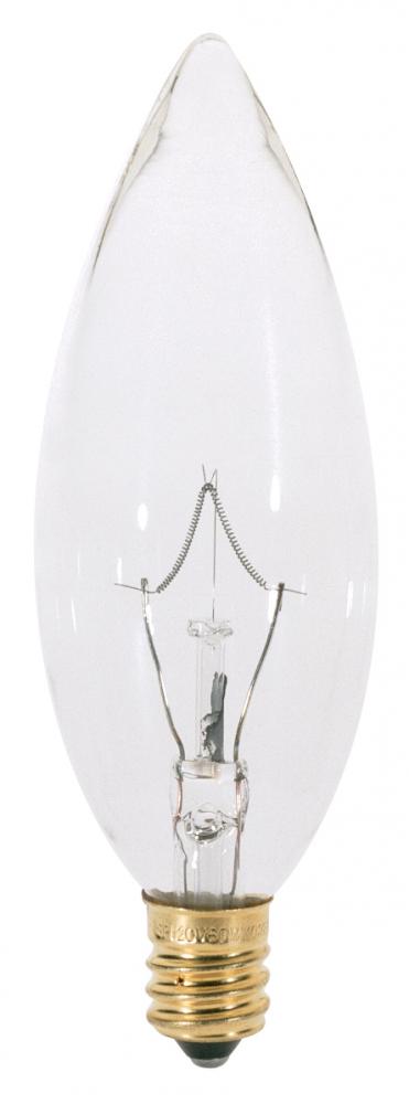 40 Watt BA9 1/2 Incandescent; Clear; 1500 Average rated hours; 384 Lumens; Candelabra base; 120