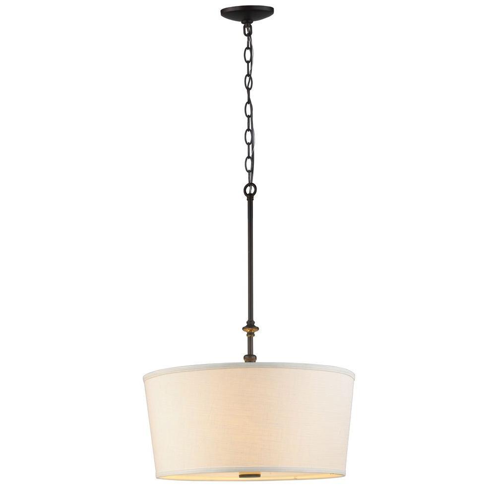 3-Light Oil-Rubbed Bronze Pendant with Off White Linen Shade and Bottom Diffuser