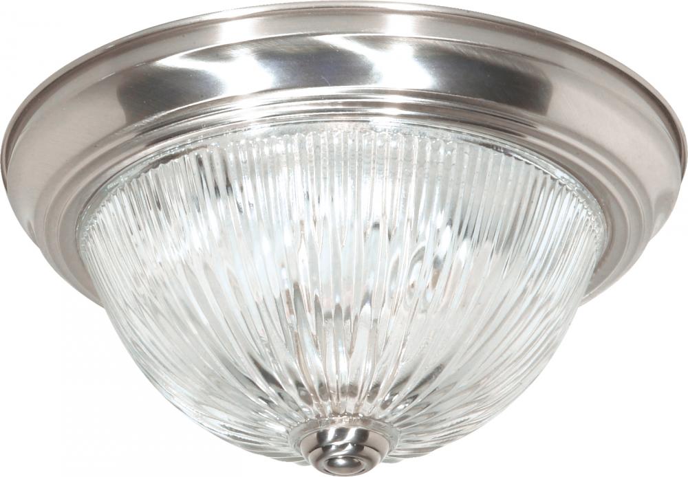 2 Light - 13" Flush with Ribbed Glass - Brushed Nickel Finish